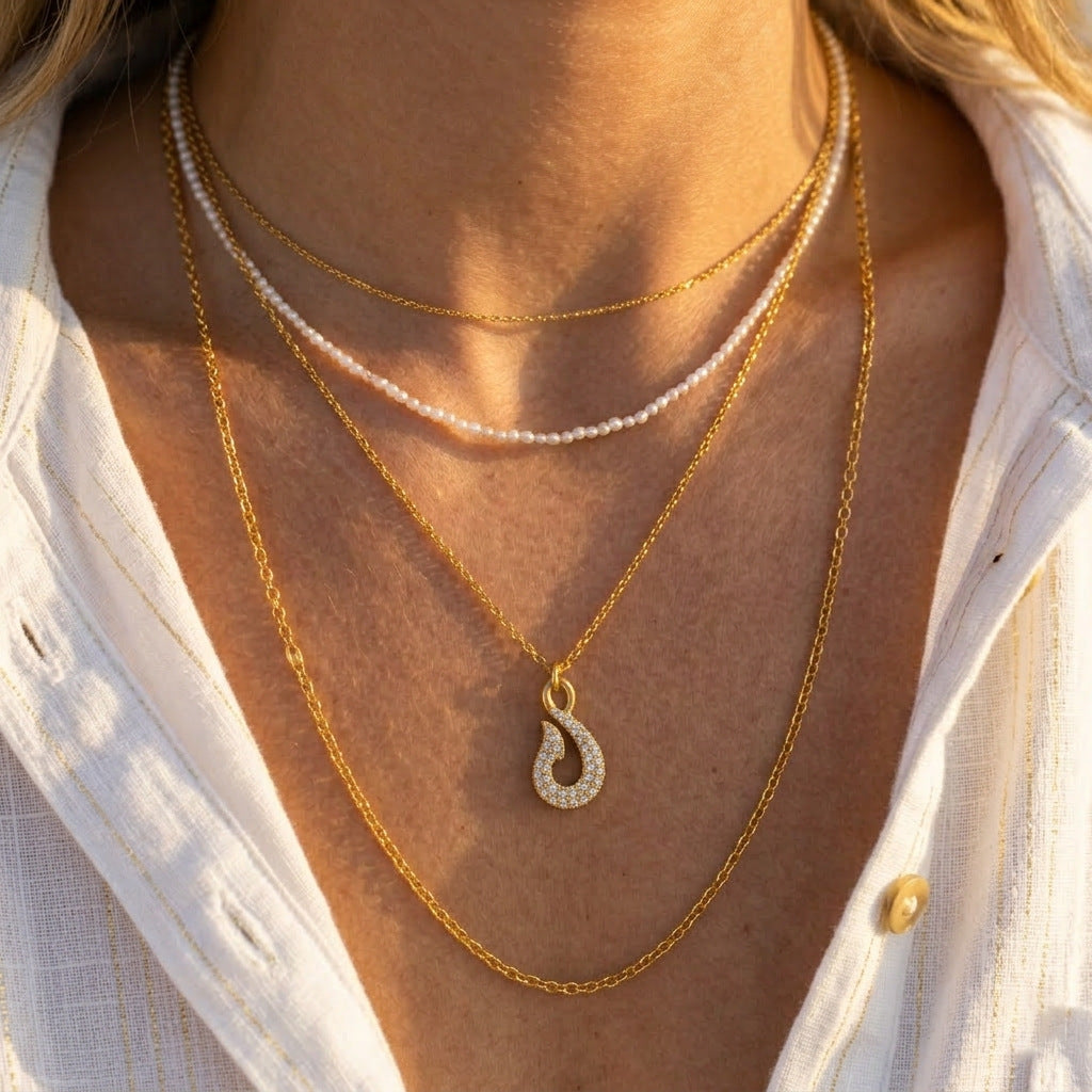 Minimalist Zircon Fish Hook Necklace and Bracelet Set