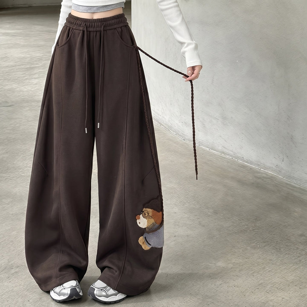 Bear-Detail Wide-Leg Cotton-Blend Sweatpants
