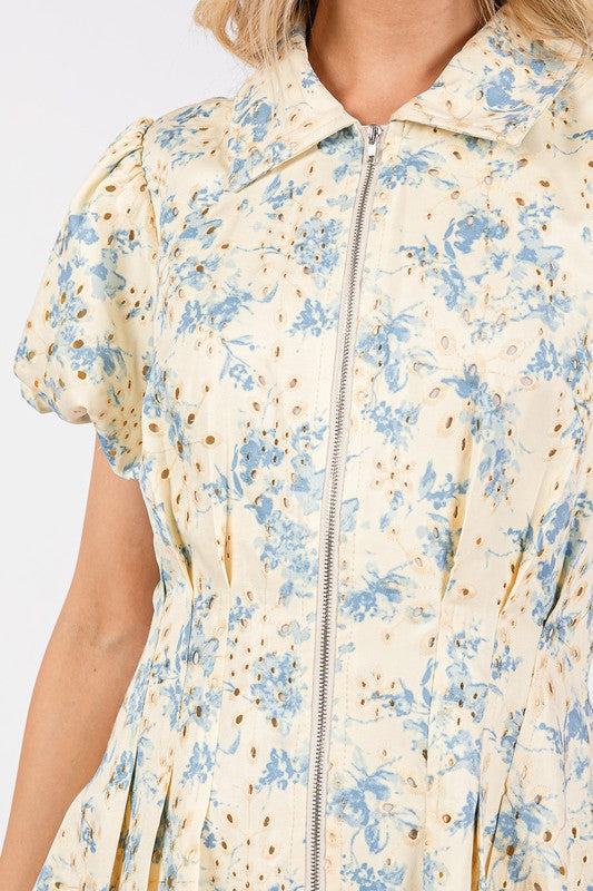 Floral Eyelet Zipper Front Puff Sleeve Mini Dress