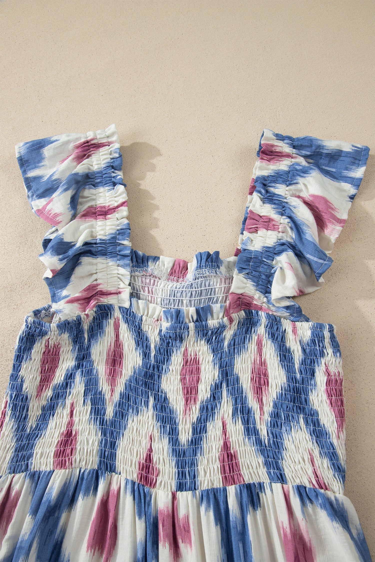 Ruffle Sleeve Boho Mini Dress Abstract Pattern Square Neck