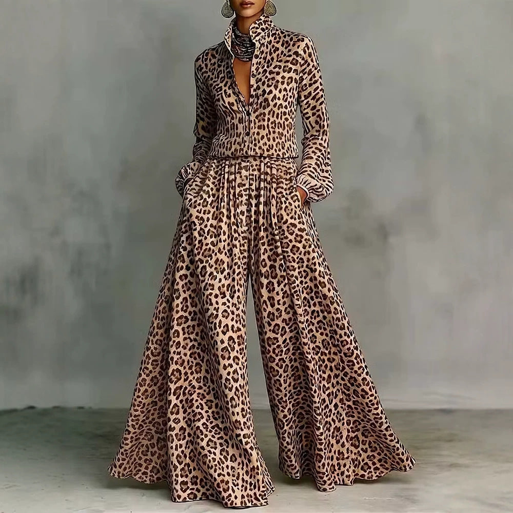 Leopard Print Wide-Leg Pants Set - Bohemian Casual Two-Piece