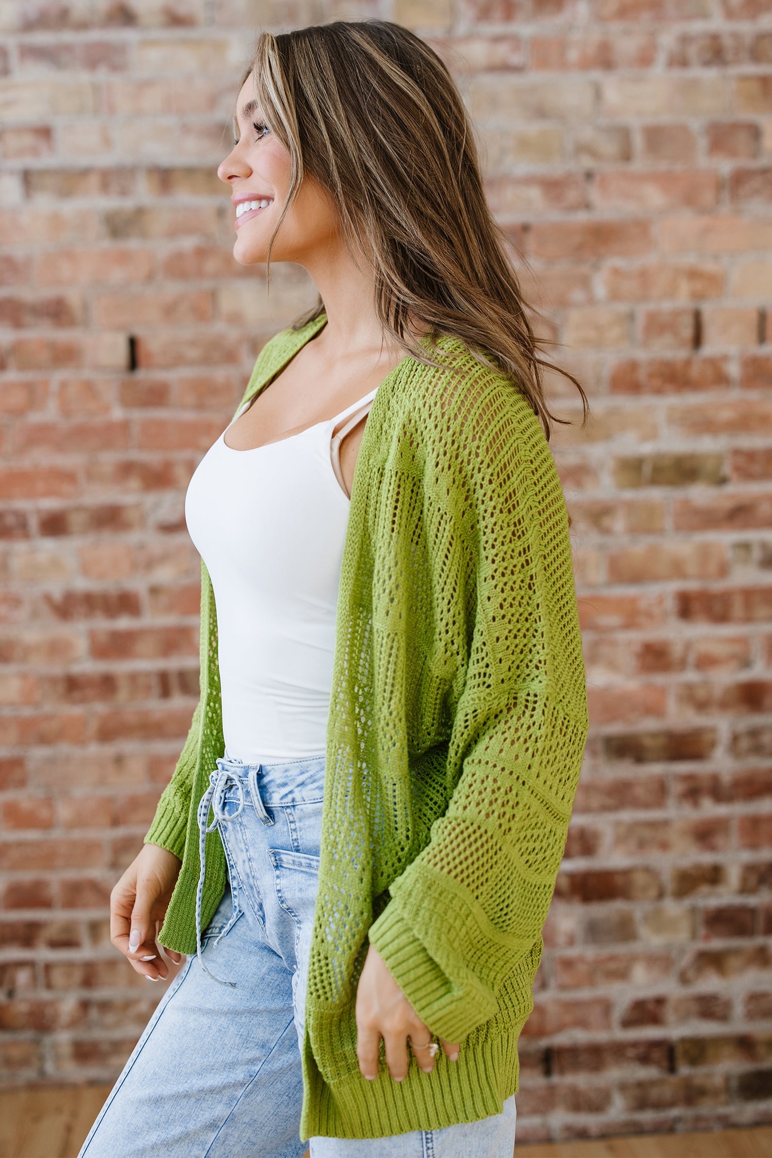Whitley Lime Green Crochet Knit Open Front Cardigan - Image 5