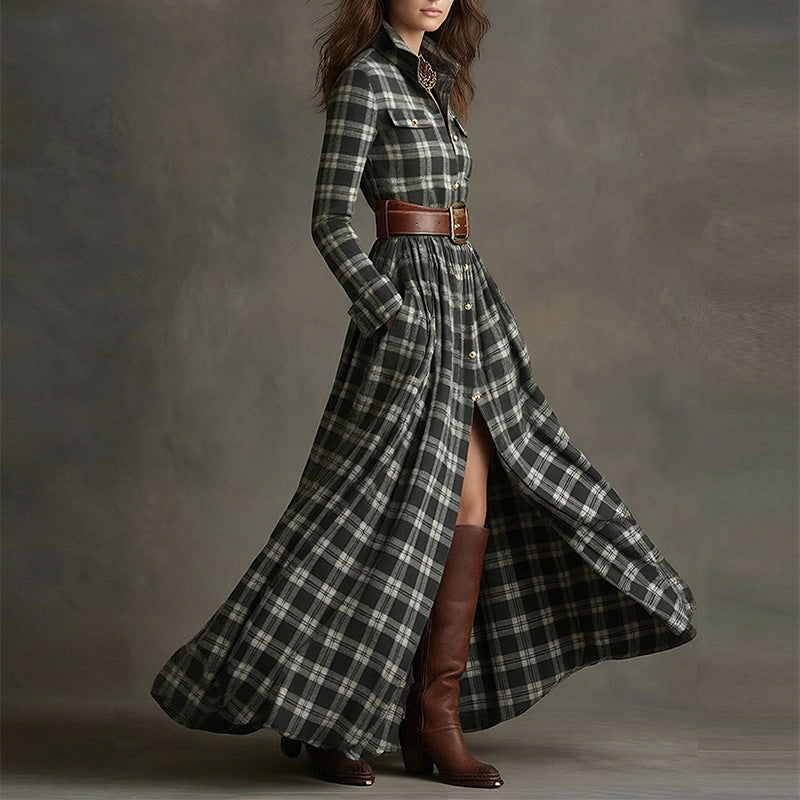 Women's Plaid Lapel Maxi Shirt Dress with Belted Waist - Image 7