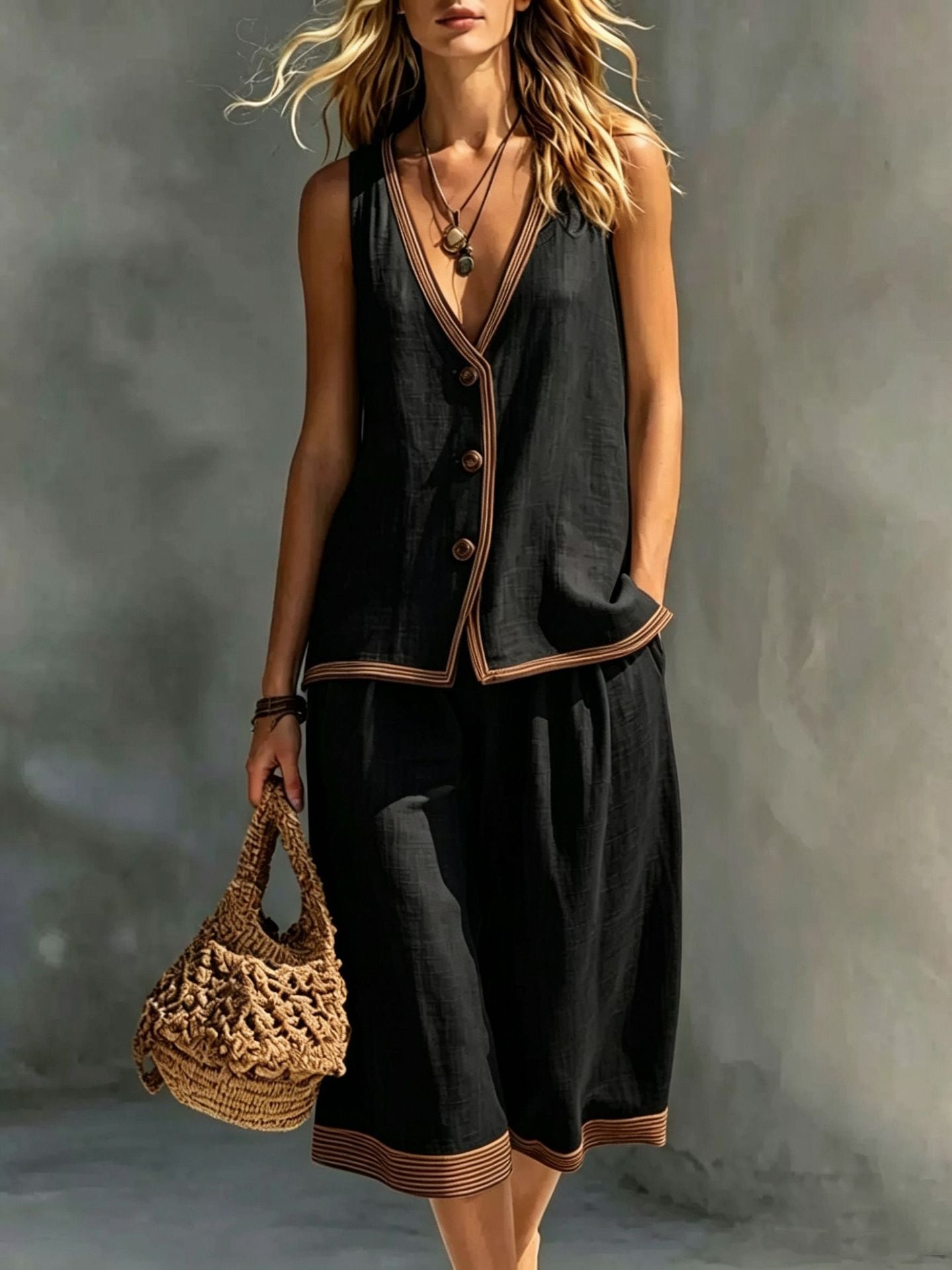 Women's Sleeveless Buttoned Vest and Shorts Two-Piece Linen Set