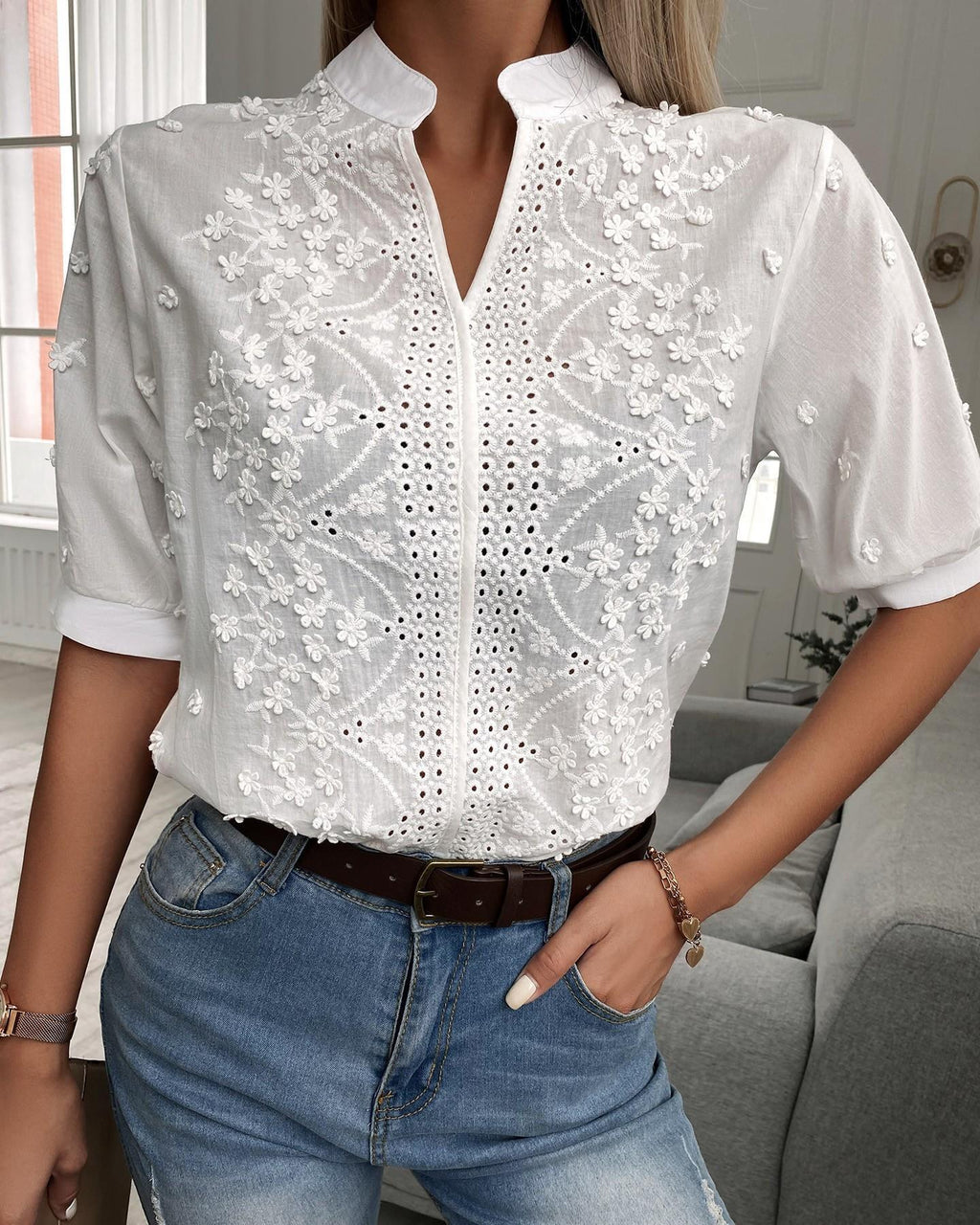Women's V-Neck Stand Collar Embroidered Lace Blouse in White - Image 2