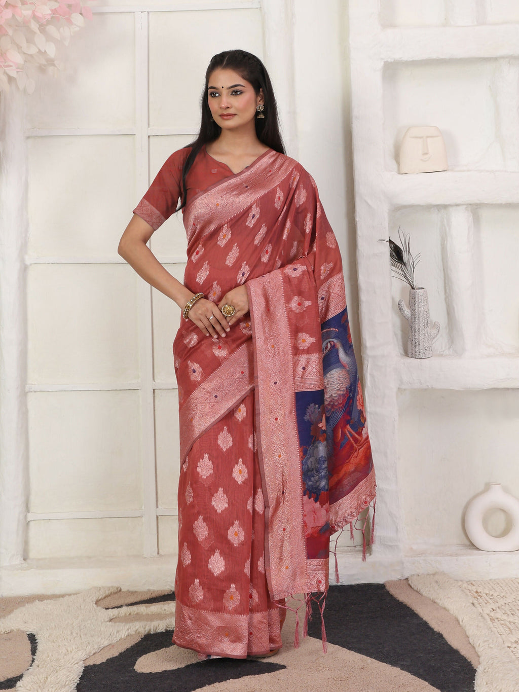 Rust Linen Cotton Saree with Matching Blouse