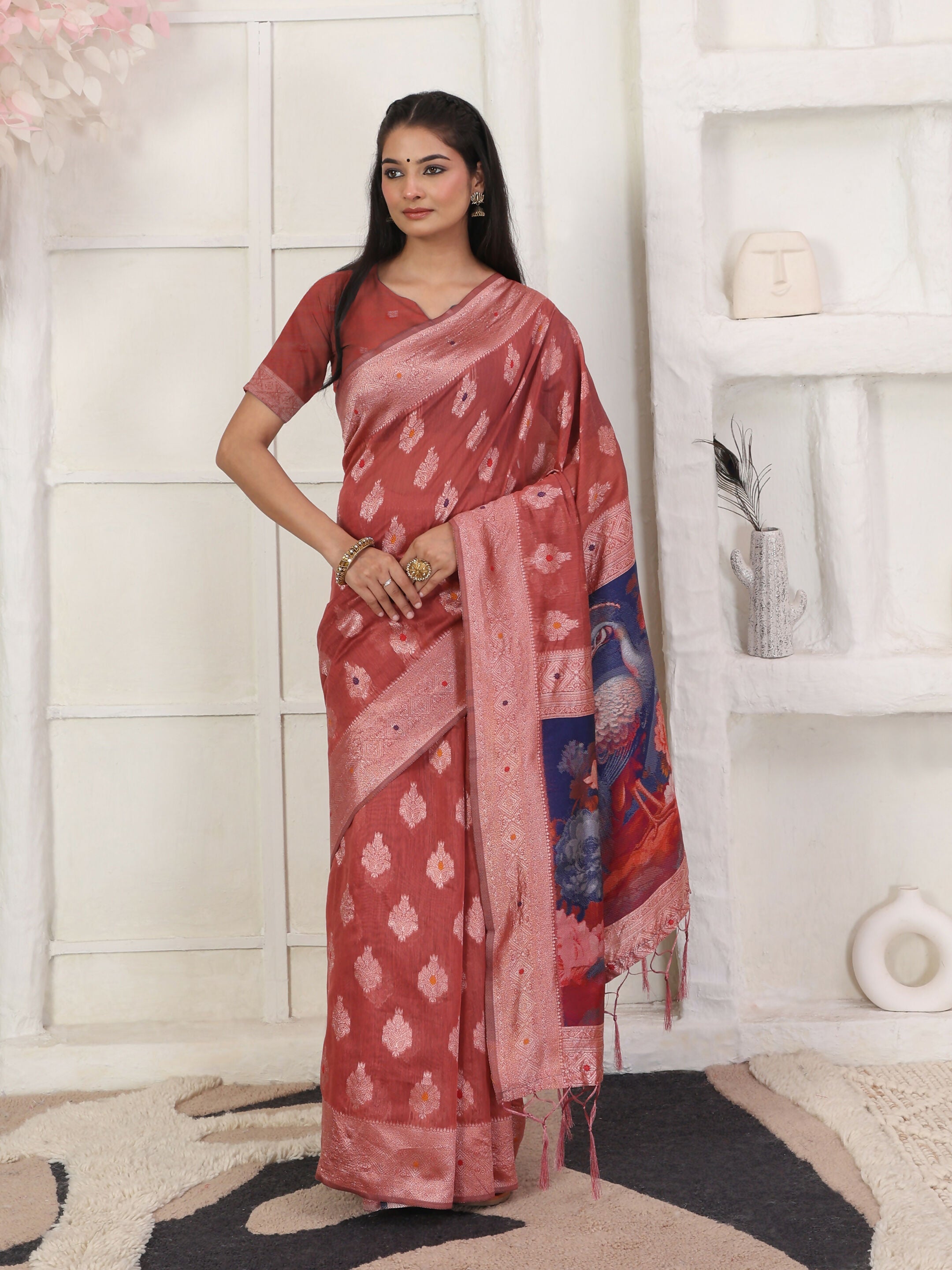 Rust Linen Cotton Saree with Matching Blouse