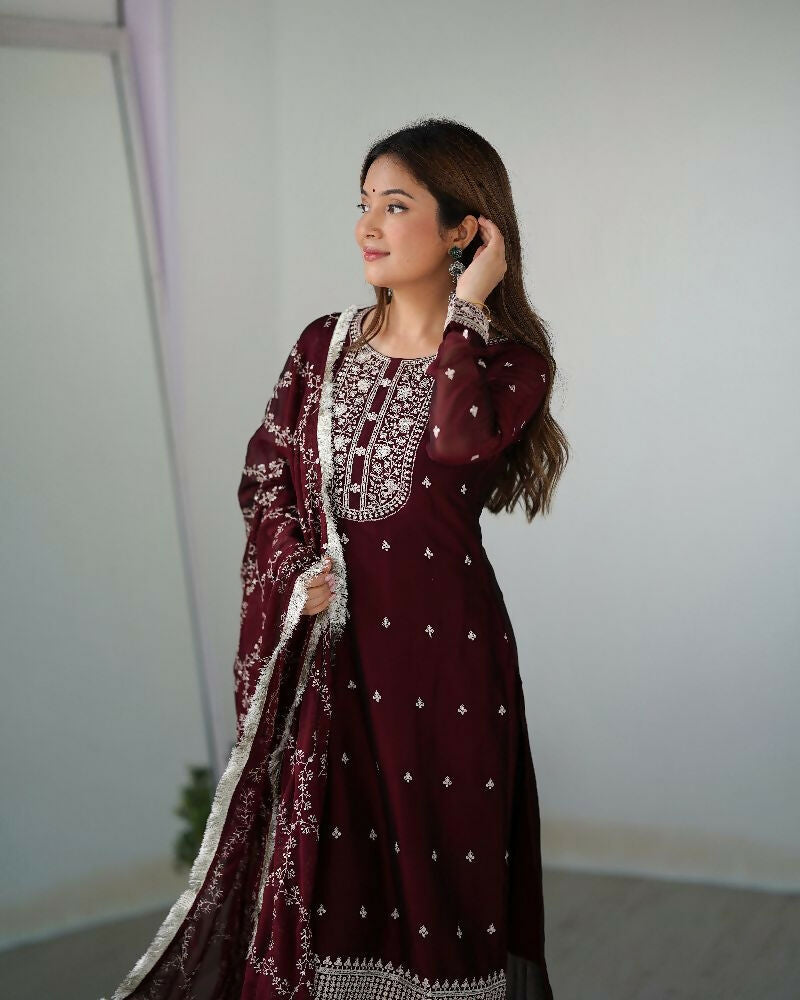 Wine Silk Kurta Set with Intricate Sequence Embroidery Work