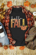 Black Hello Fall Letter Pumpkin Heat Transfer Printing T Shirt