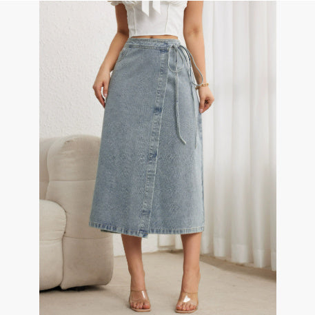 Women's Blue Denim Mid-Length Waist Slit Skirt
