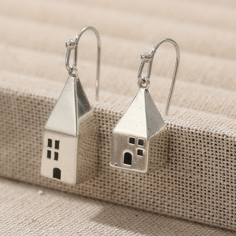 Vintage House Charm Drop Earrings Silver Tone Brass Women Artistic Daily Fashion Jewelry Gift Elegant