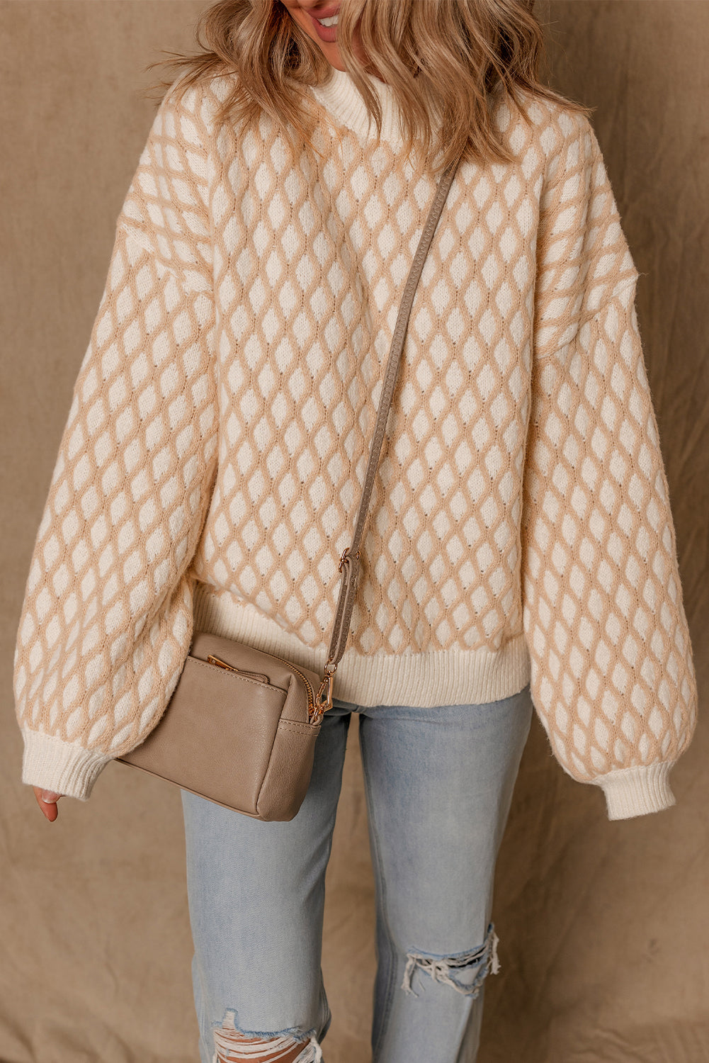 Ximena Rhombus Textured Knit Mock Neck Sweater in Beige Cream