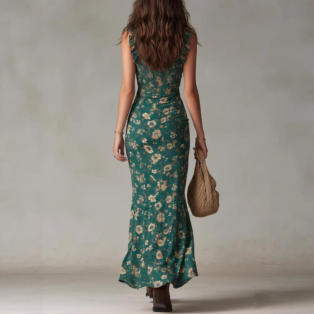 Ruffle Trim Asymmetrical Chiffon Maxi Dress – High Slit
