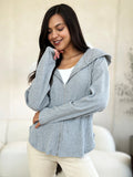 Women's light heather grey ribbed zip-up jacket with drawstring hood, front view