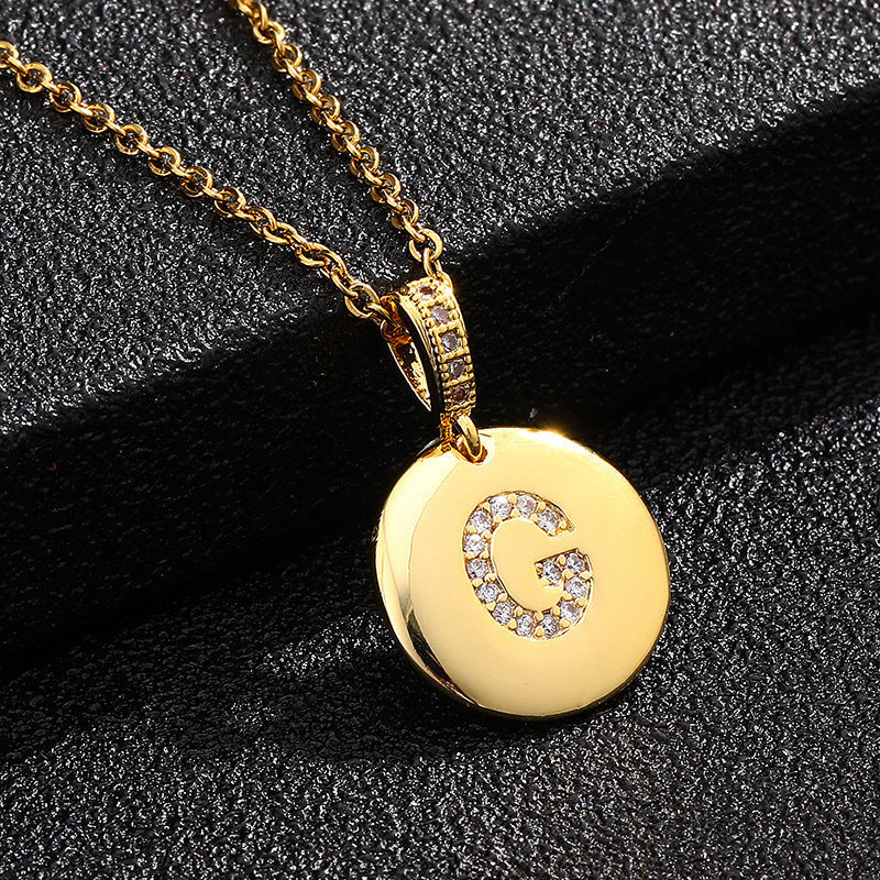 Gold Plated Zircon Initial Disc Necklace Personalized Pendant