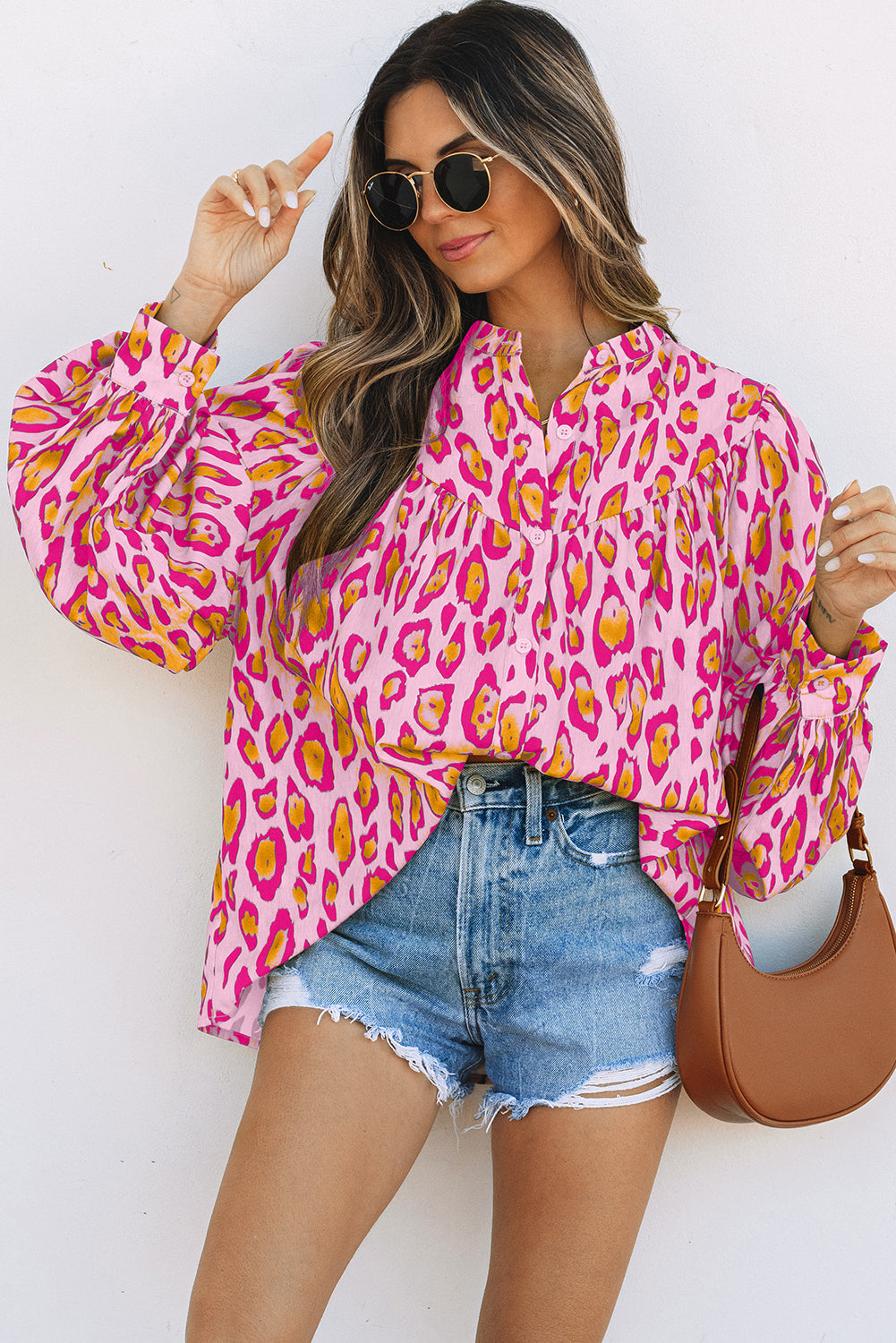 Light Beige Leopard Print Oversized Balloon Sleeve Shirt
