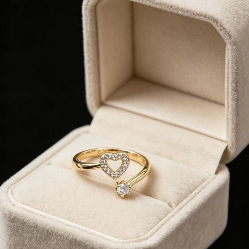 Gold Open-Heart Single-Stone Adjustable Ring for Women