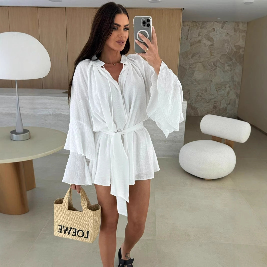 Women's V-Neck Lace-Up Irregular Hem Loose Dress