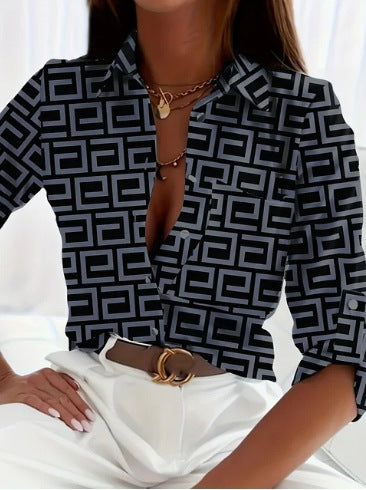 Women’s Printed Long-Sleeve Button-Up Blouse with Lapel Collar