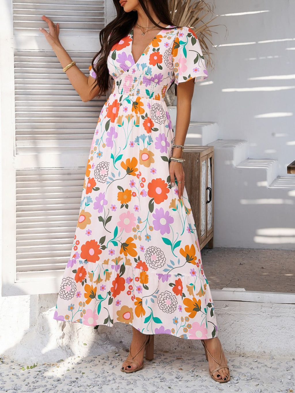 Printed V-Neck Short Sleeve Maxi Dress with Smocked Detail