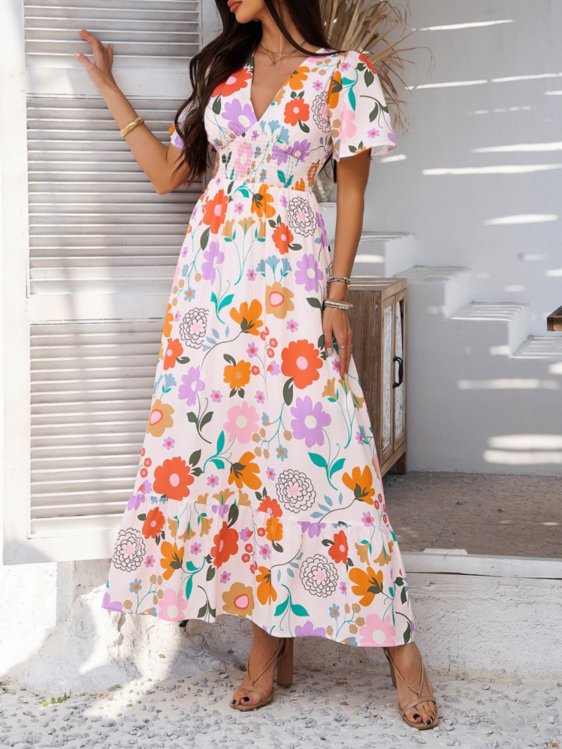 Printed V-Neck Short Sleeve Maxi Dress with Smocked Detail
