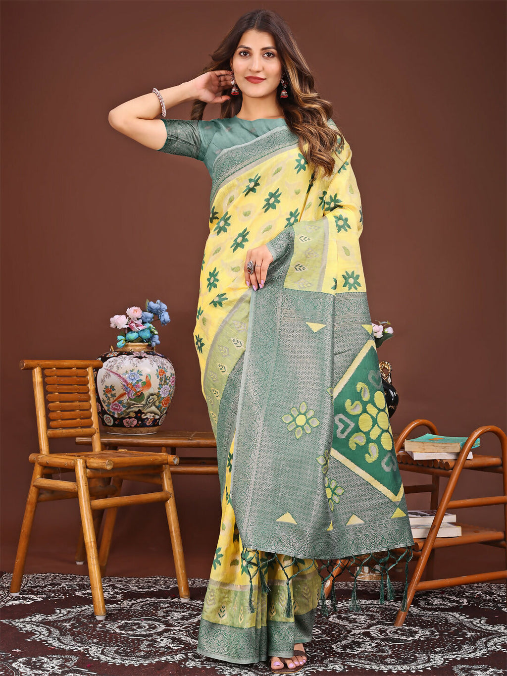Beautiful yellow linen cotton saree with matching blouse piece