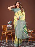 Beautiful yellow linen cotton saree with matching blouse piece