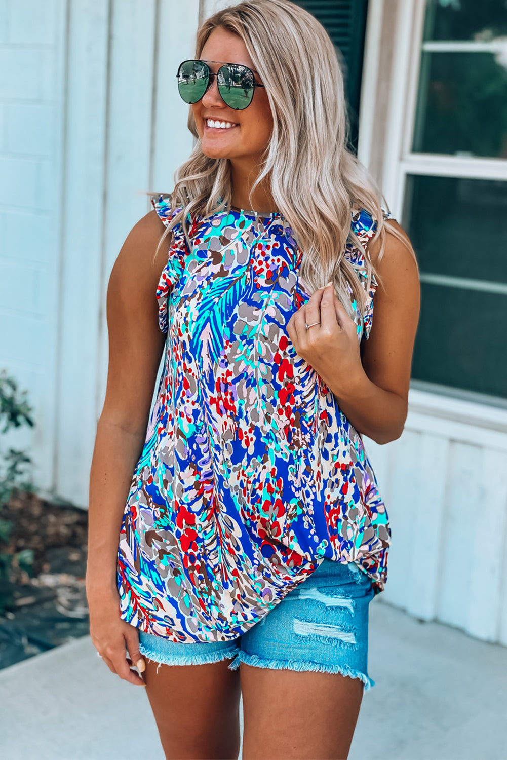 Rosy Boho Abstract Print Ruffle Sleeveless Babydoll Shirt