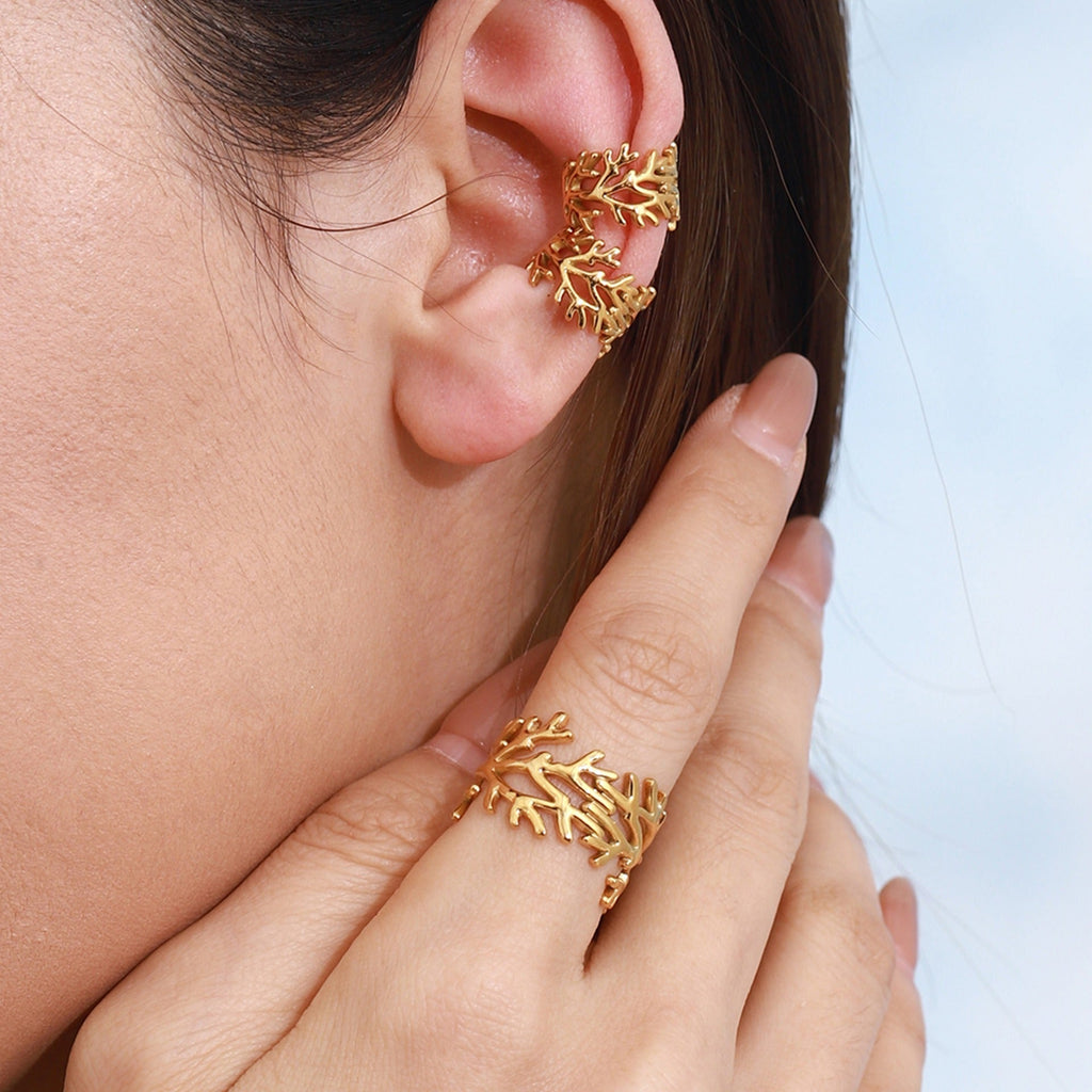 18K gold irregular branch design simple personality earring ring set