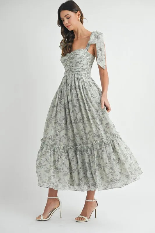 Floral Bust Ruched Midi Dress with Shoulder Tie