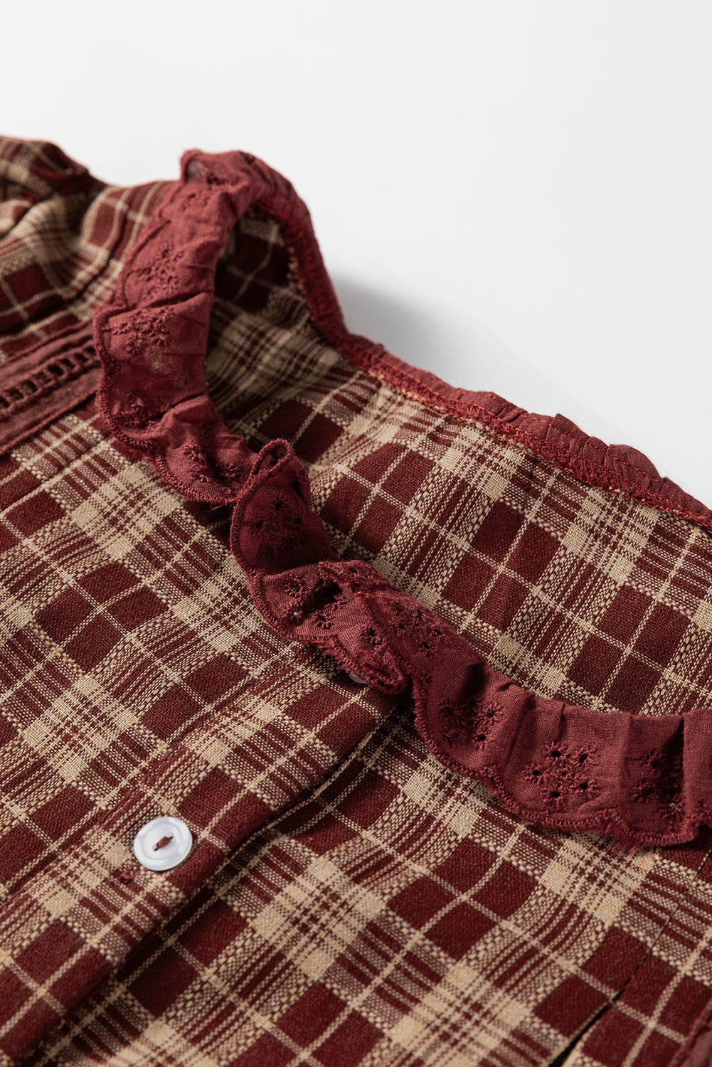 Red Dahlia Plaid Eyelet Lace Trim Button Down Shirt