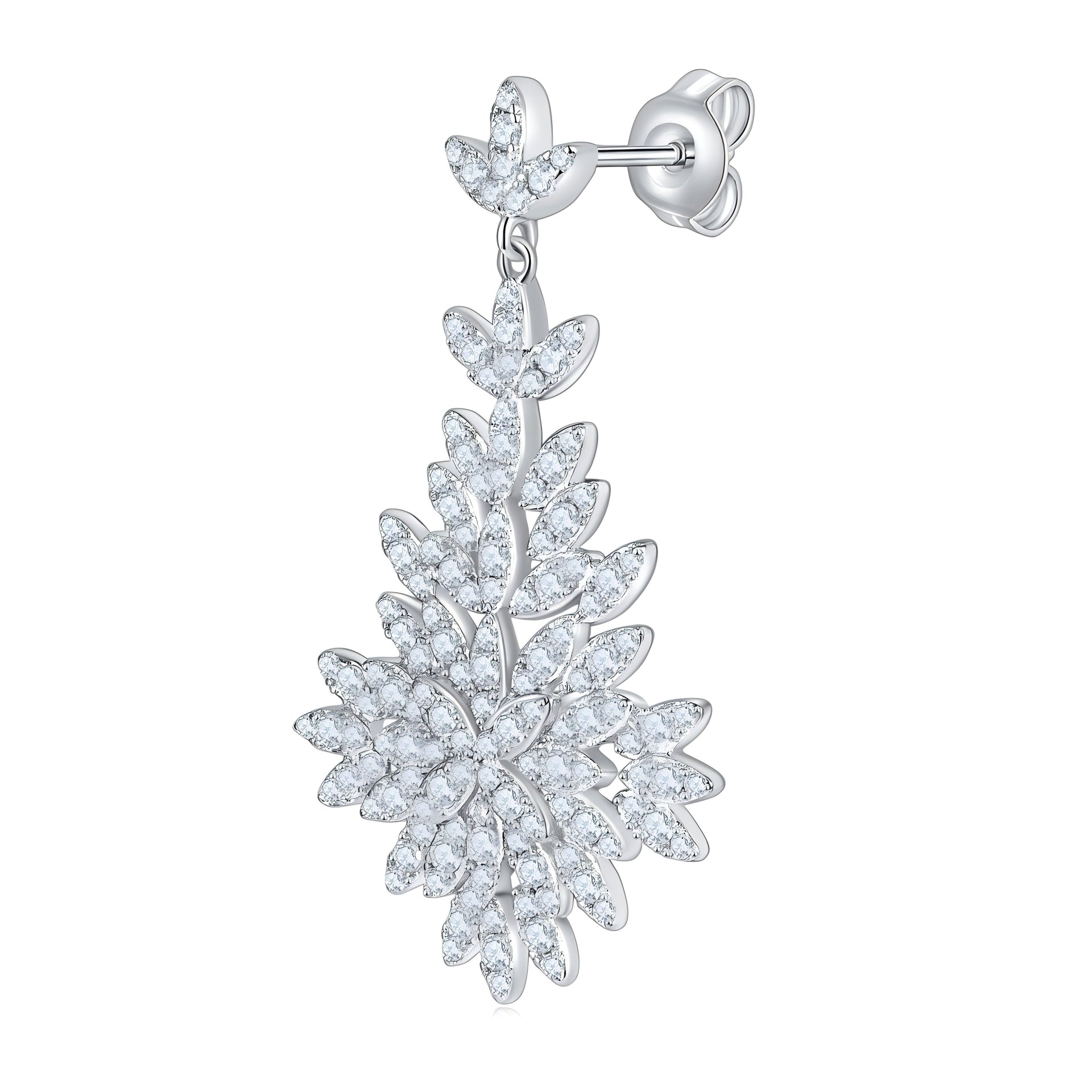 Long dangle earrings with a marquise cluster leaf design and Moissanite stones in a luxury gift box