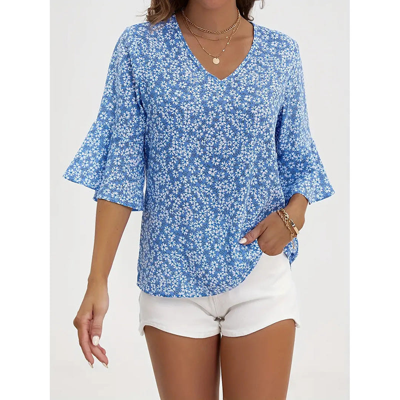 Womens Blue Floral V-Neck Blouse with Flare Sleeves - Image 5