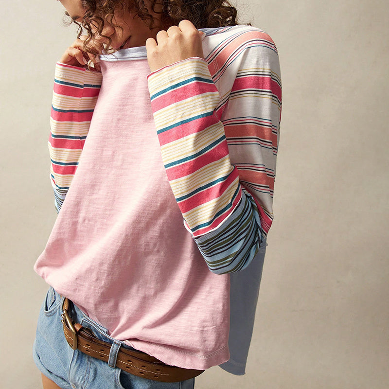 Women's Striped Patchwork Long Sleeve Round Neck Pullover Top - Image 6