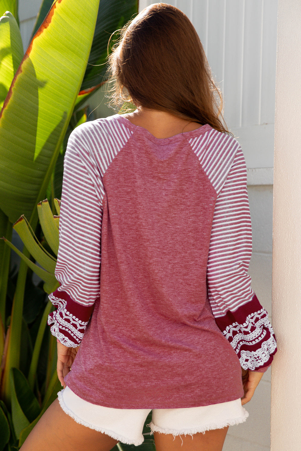 Women Burgundy Striped Raglan Long Sleeve Loose Fit Casual Top