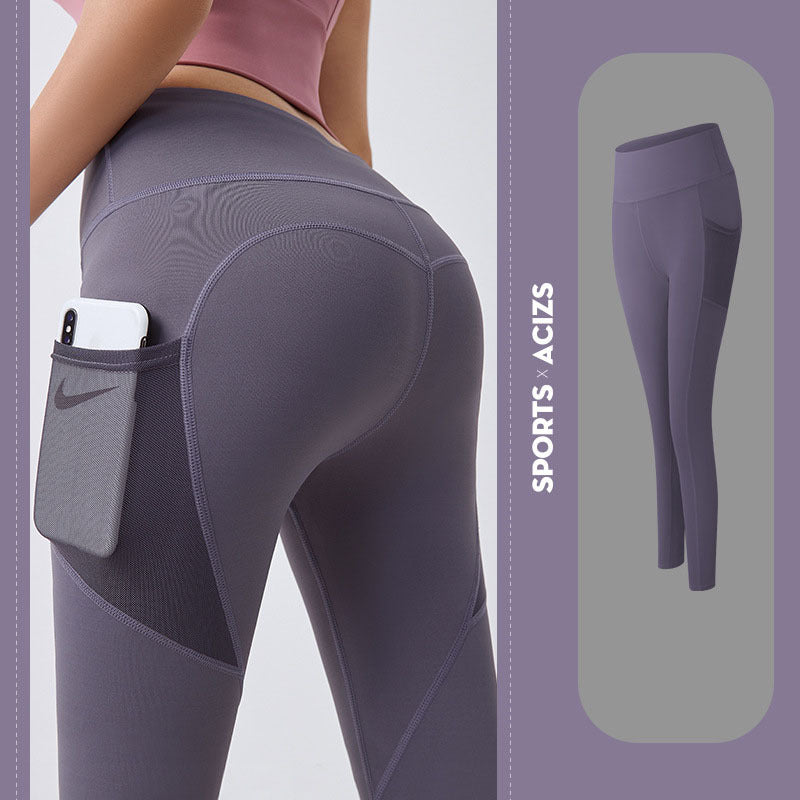 High-waisted yoga leggings with functional side pockets in various colors.