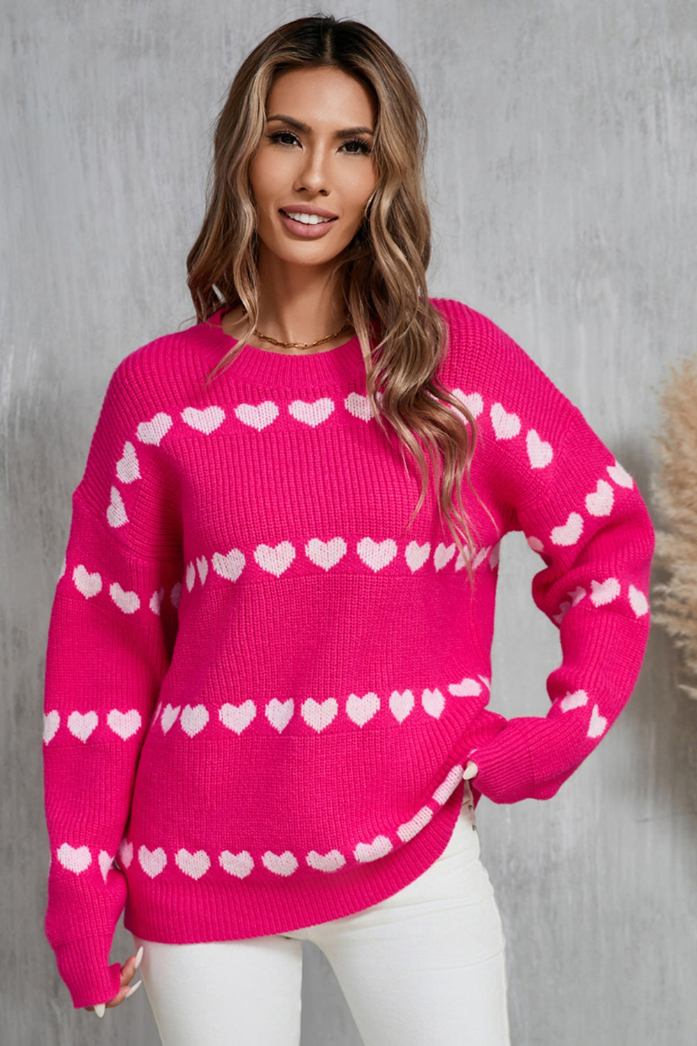White Red Heart Print Long Sleeve Crew Neck Sweater - Image 15