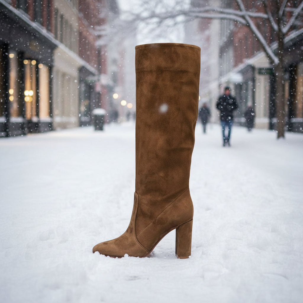 Women’s Suede High Heel Boots | Pleated Thick Heel Pointed Toe