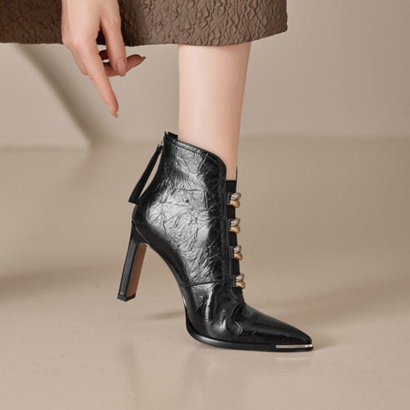 Women's Pointed Toe Chunky Heel Ankle Boots with Metal Accents - Image 2