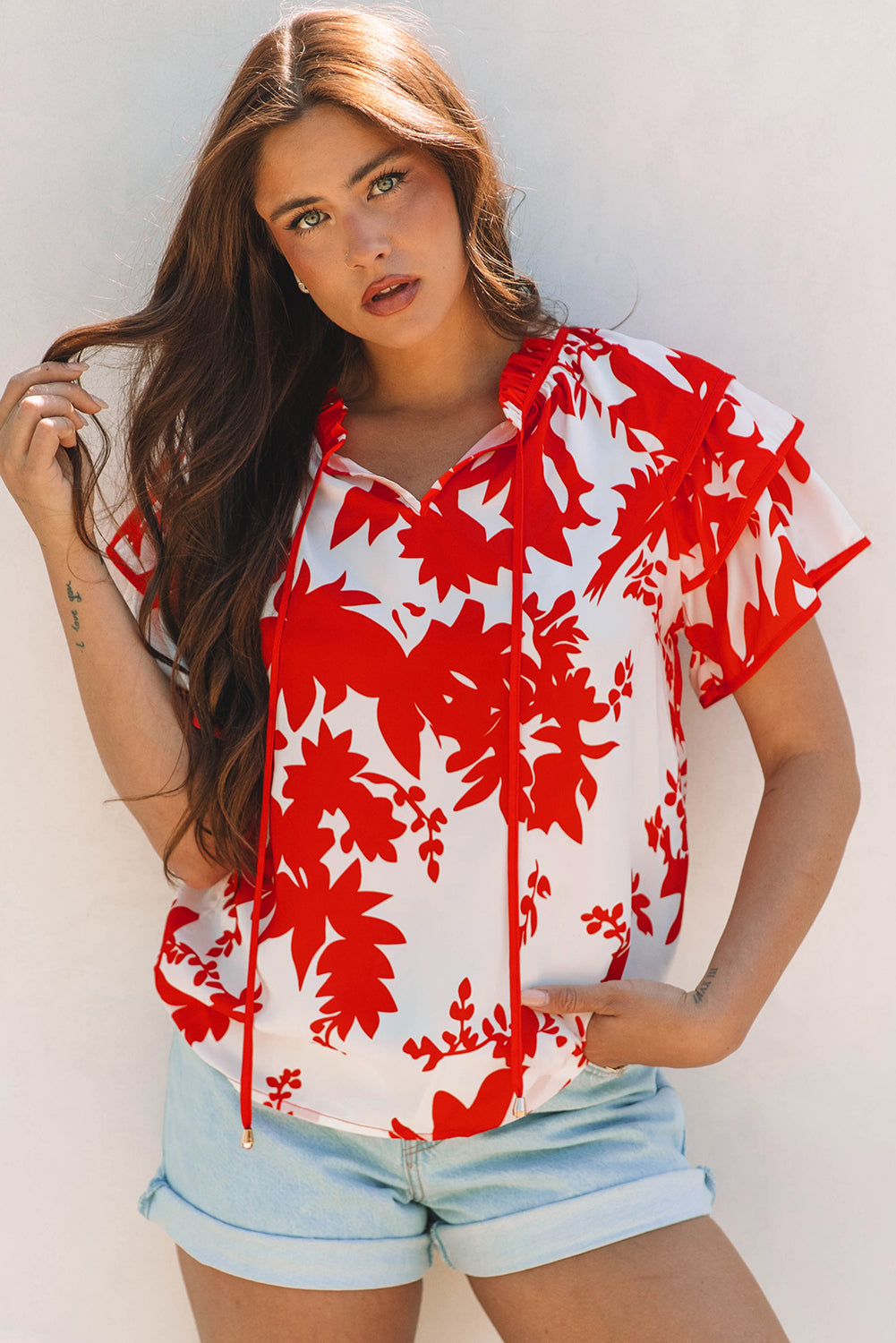 Zoya Tiered Ruffled Sleeve V Neck Blouse in Red Floral Print