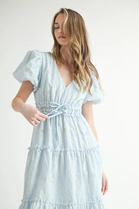 Eyelet Lace Puff Sleeve V-Neck Midi Dress