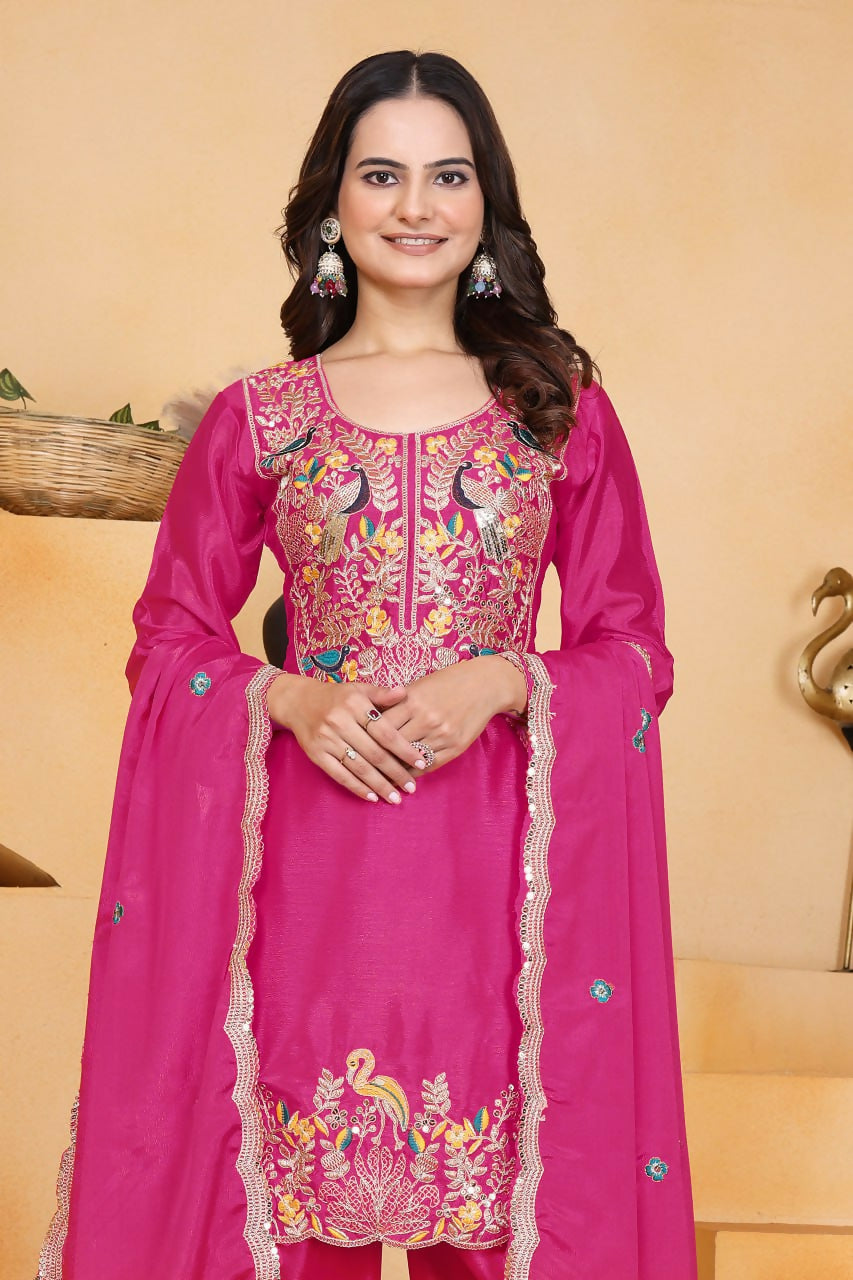 Pink Silk Embroidered Kurti with Dhoti Pant Set for Women