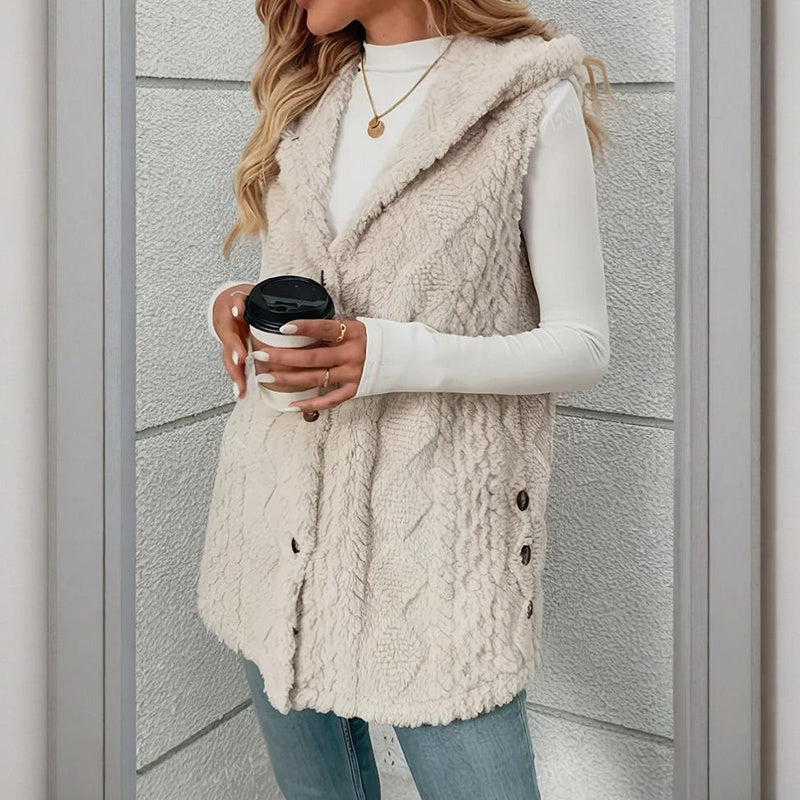 Women's Textured Sleeveless Hooded Vest Button Front Layer - Image 8