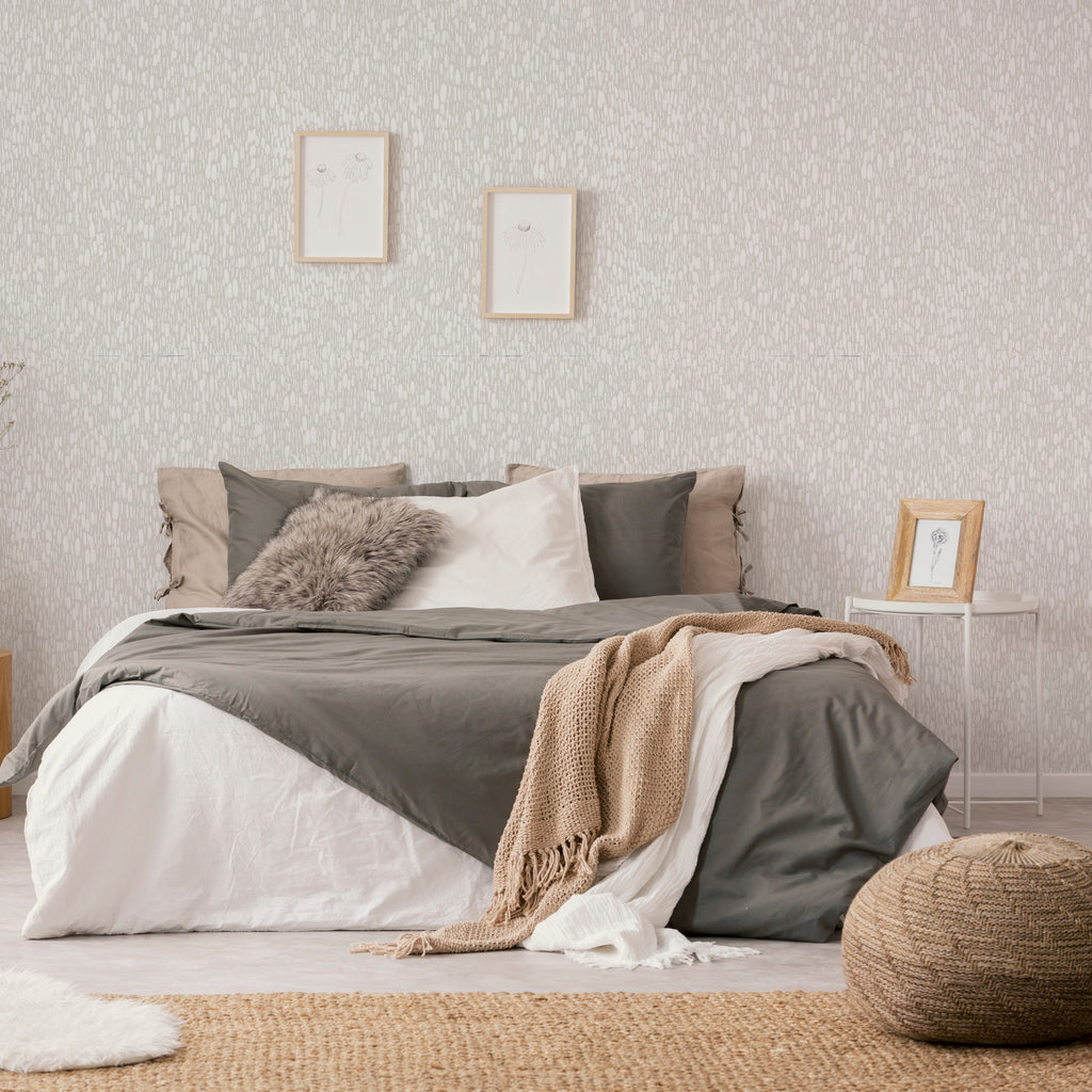 Steele abstract wallpaper in grey and white featuring a minimalist Scandinavian pattern.