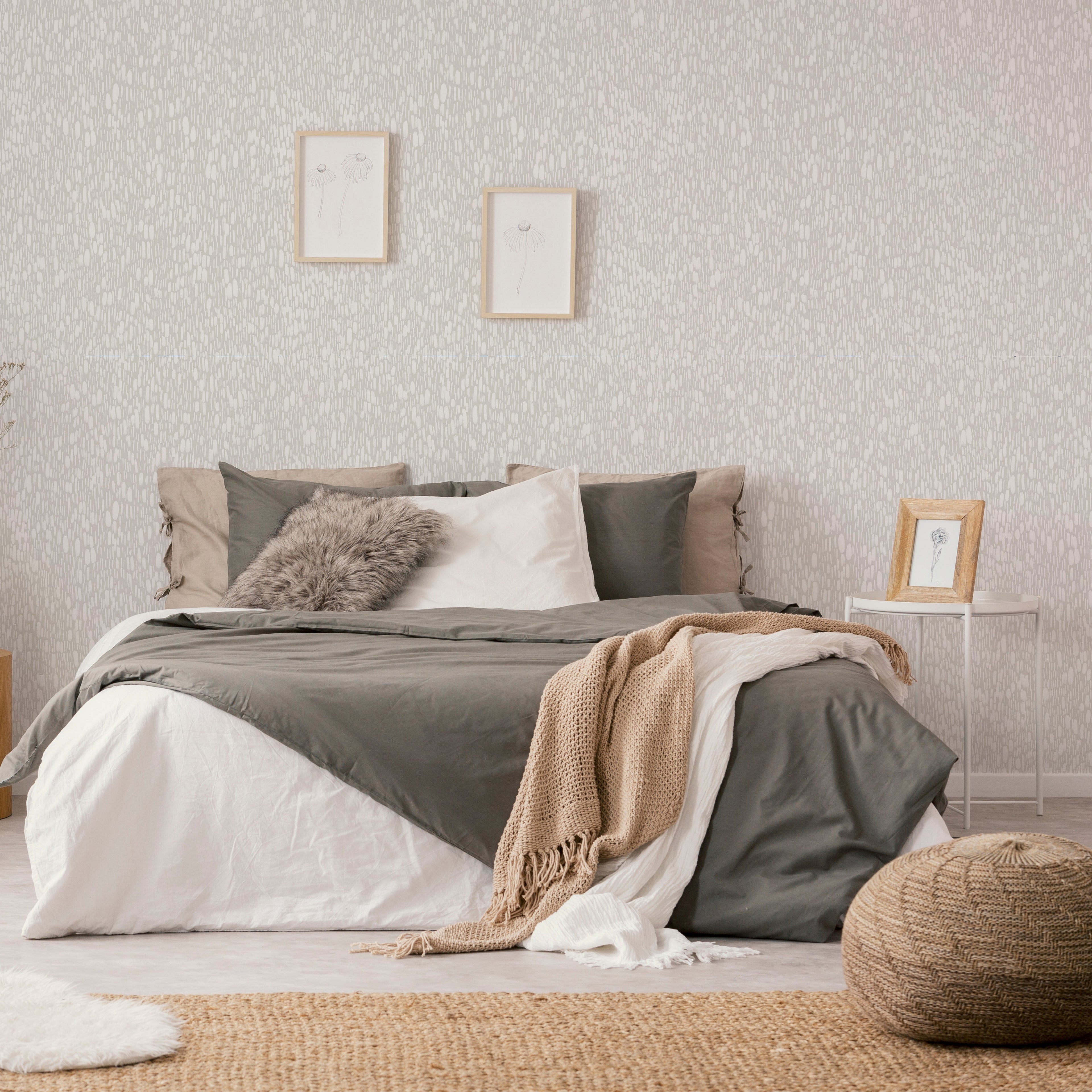 Steele abstract wallpaper in grey and white featuring a minimalist Scandinavian pattern.