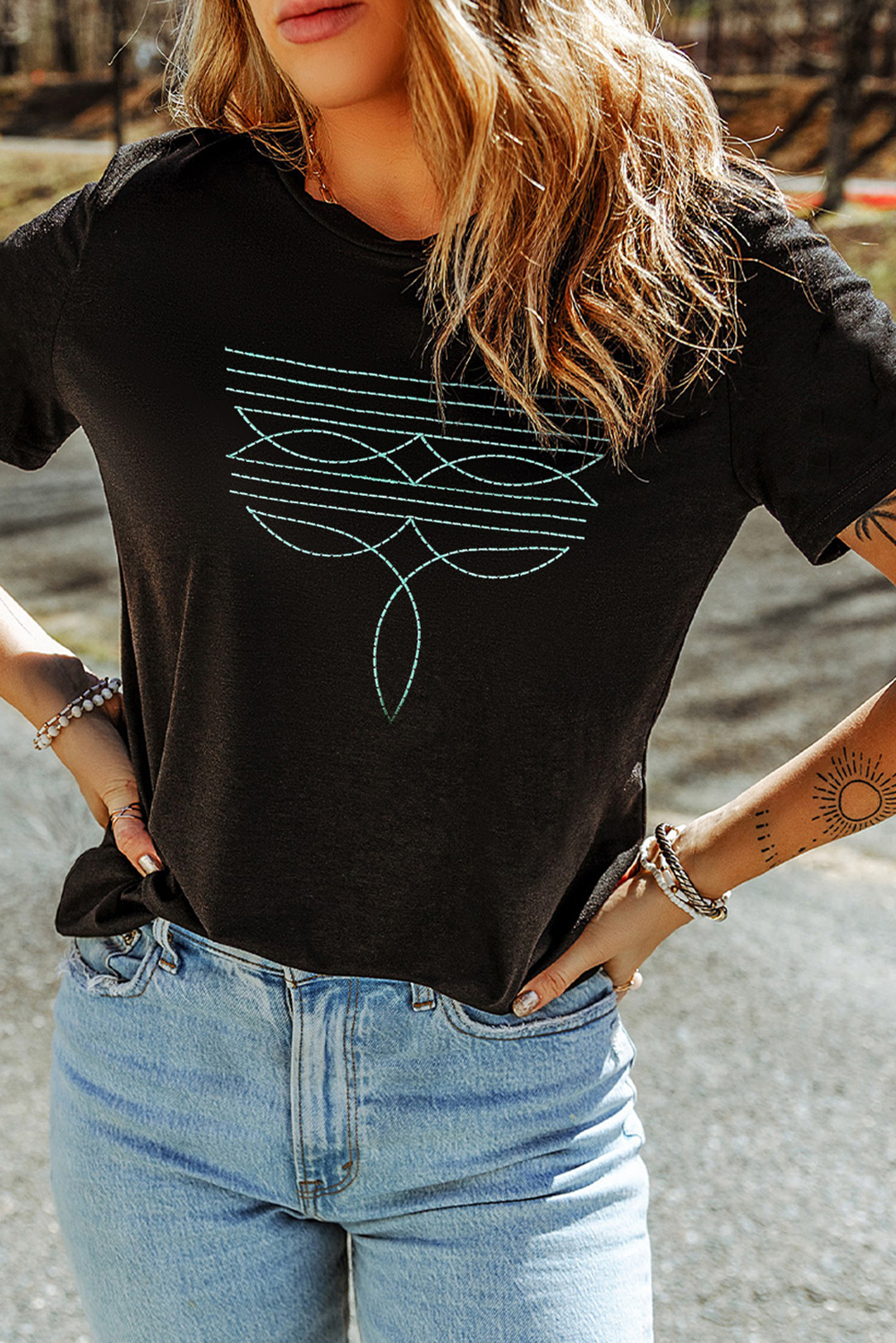 Black Western Geometric Embroidered T-Shirt