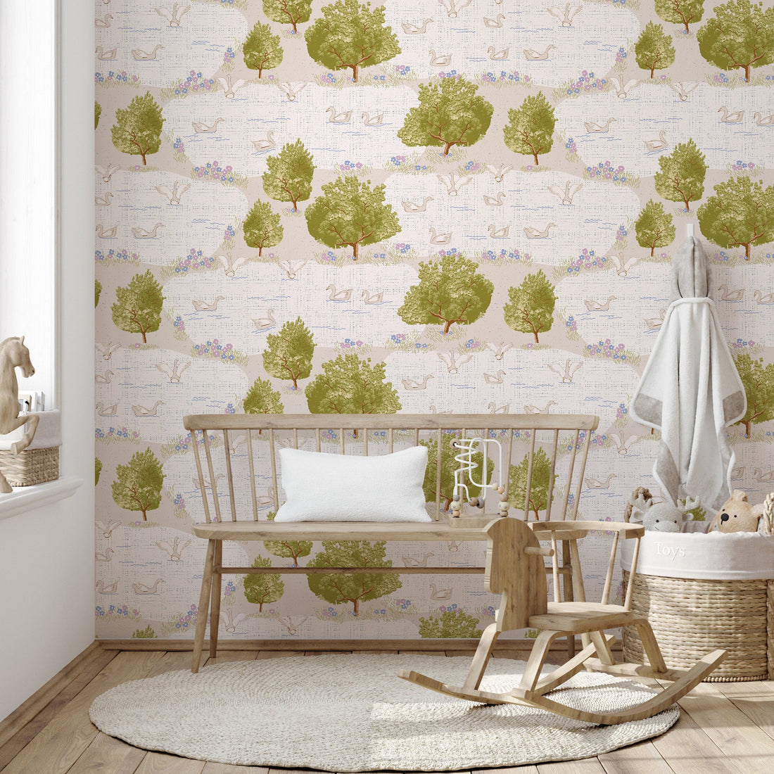 Adler floral wallpaper featuring green, cream, blue, and purple vintage pastoral patterns on a wall.