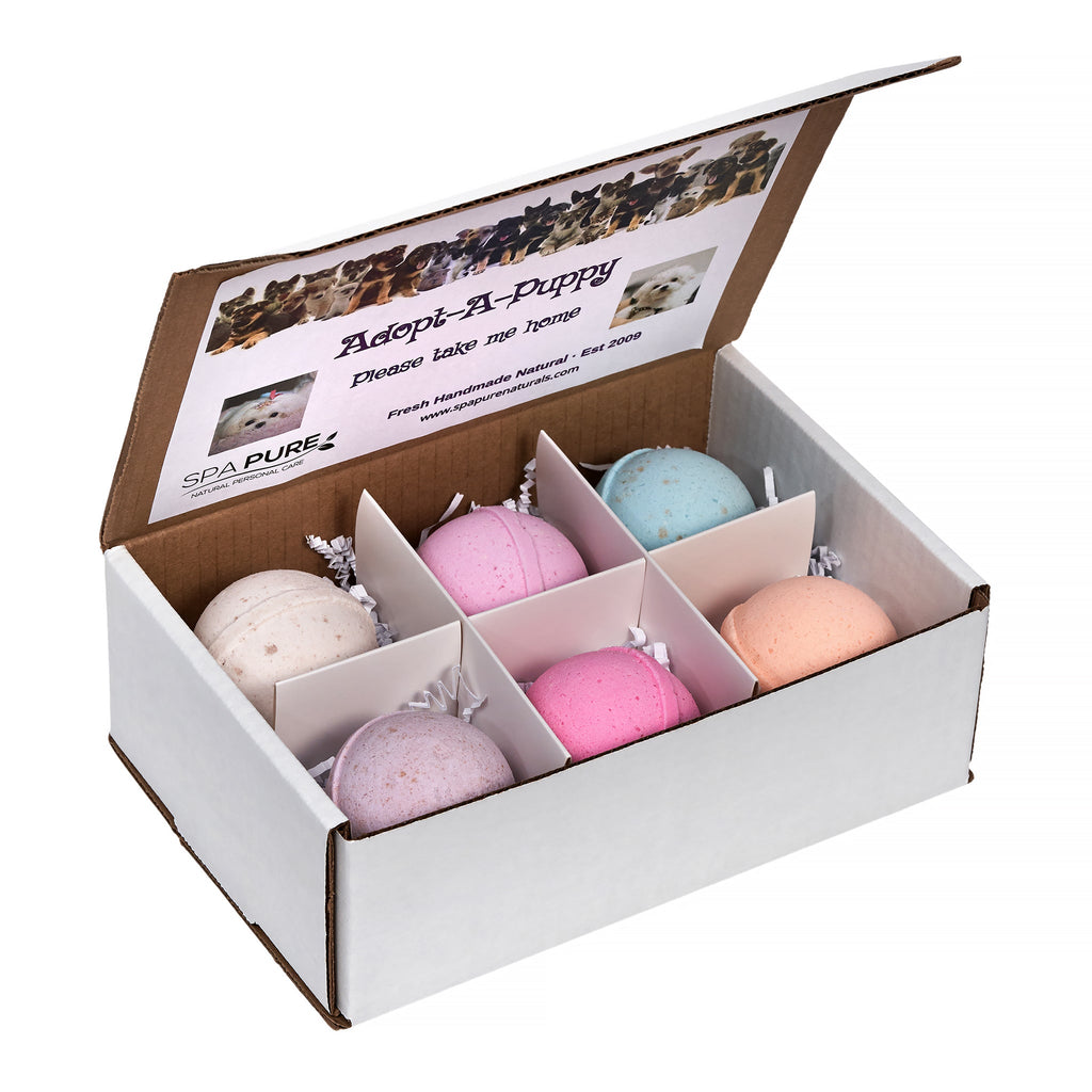 Adorable Kids Bath Bomb Gift Set, 6 Bath Bombs with (ADOPT-A-PUPPY) toys inside