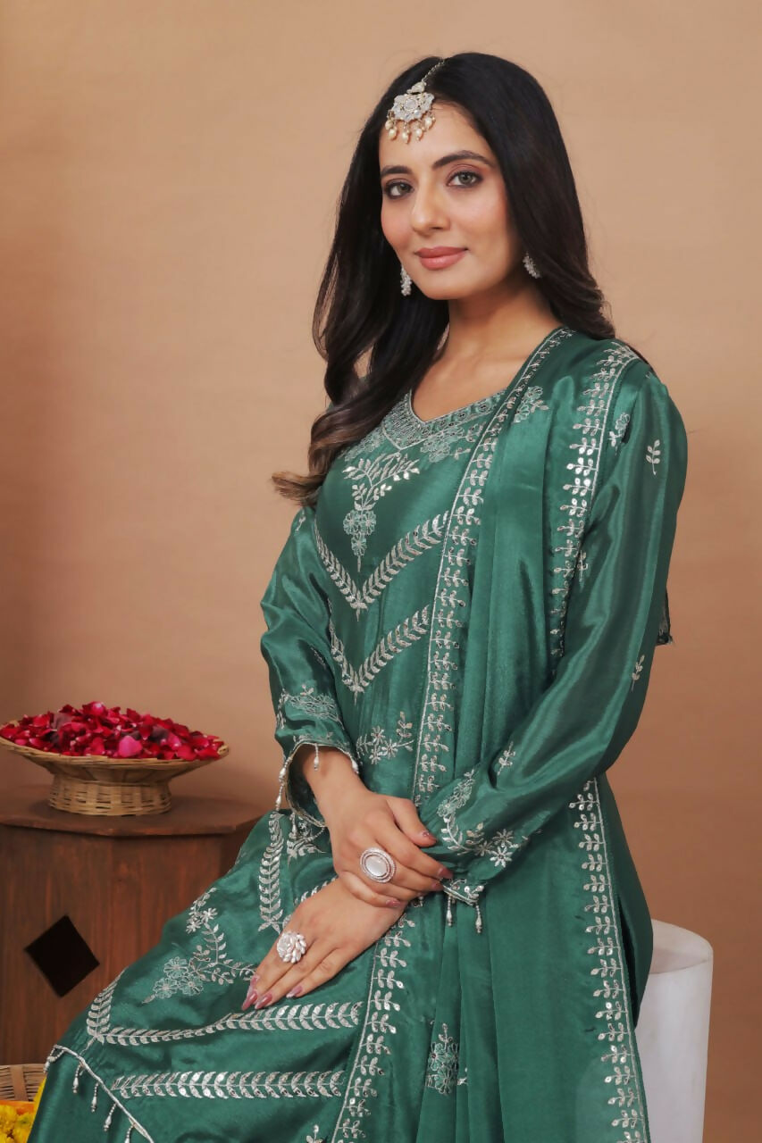 Green Silk Embroidered Sharara Set with Intricate Detailing