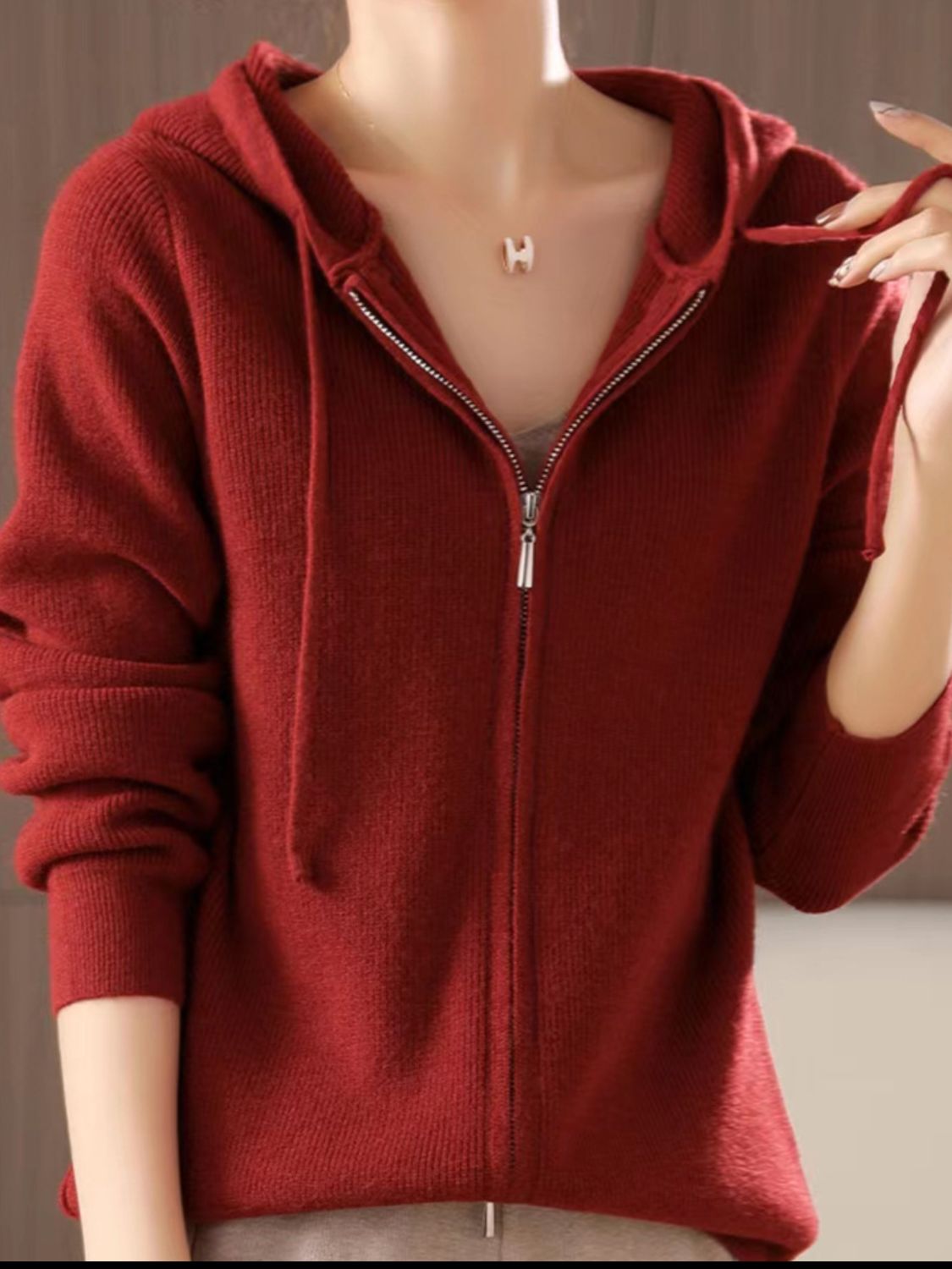 Women's Brown Long Sleeve Zip Up Knit Hoodie with Drawstring - Image 10